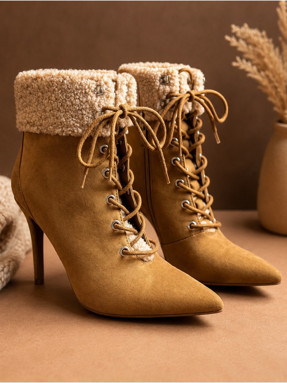 Jessica Simpson Faux Suede Fur Trim Lace Up Heeled Boots Women’s 8.5 Tan
